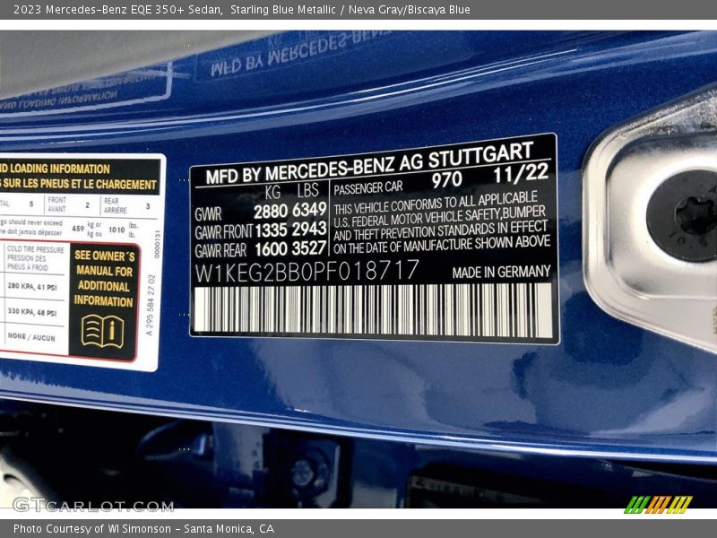 2023 EQE 350+ Sedan Starling Blue Metallic Color Code 970