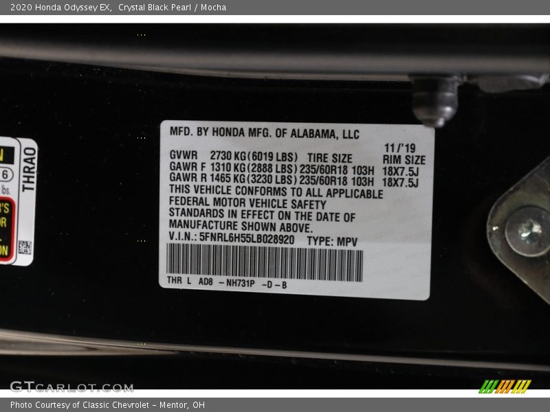 Crystal Black Pearl / Mocha 2020 Honda Odyssey EX