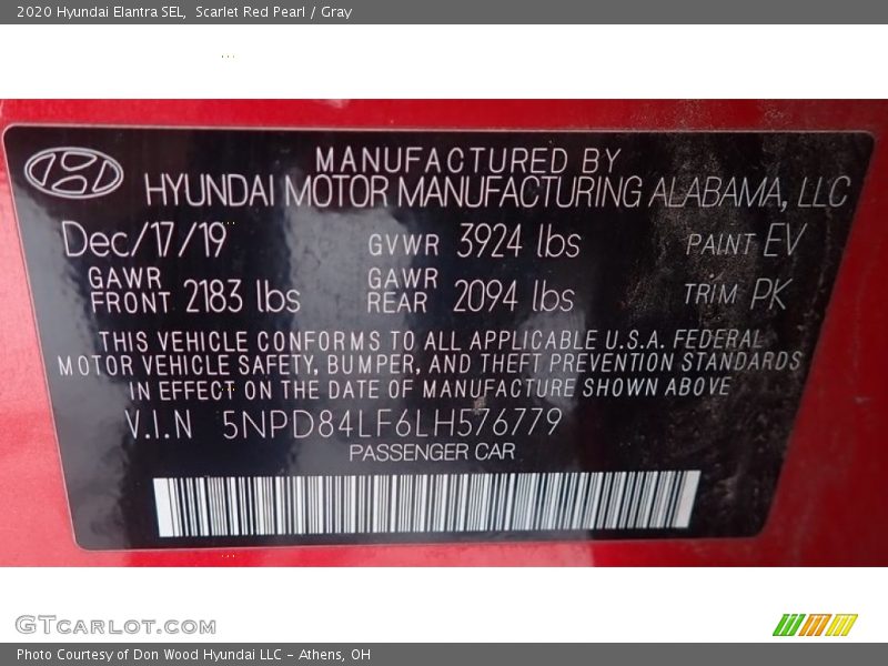 Scarlet Red Pearl / Gray 2020 Hyundai Elantra SEL