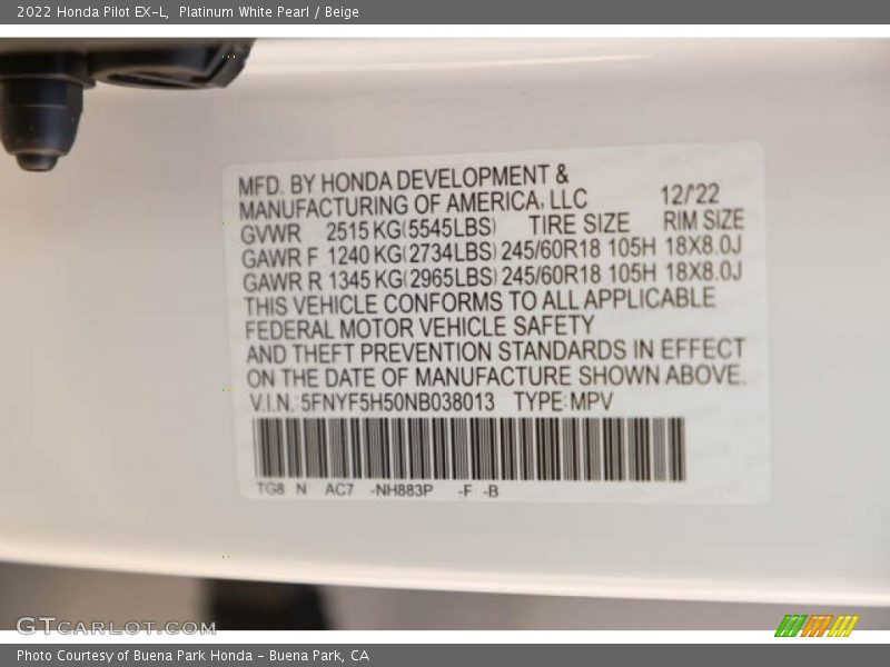 Platinum White Pearl / Beige 2022 Honda Pilot EX-L