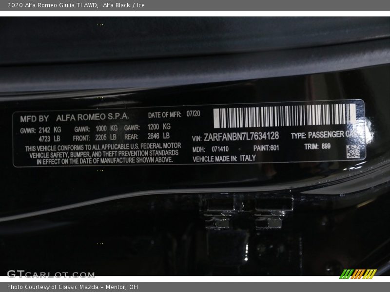 2020 Giulia TI AWD Alfa Black Color Code 601