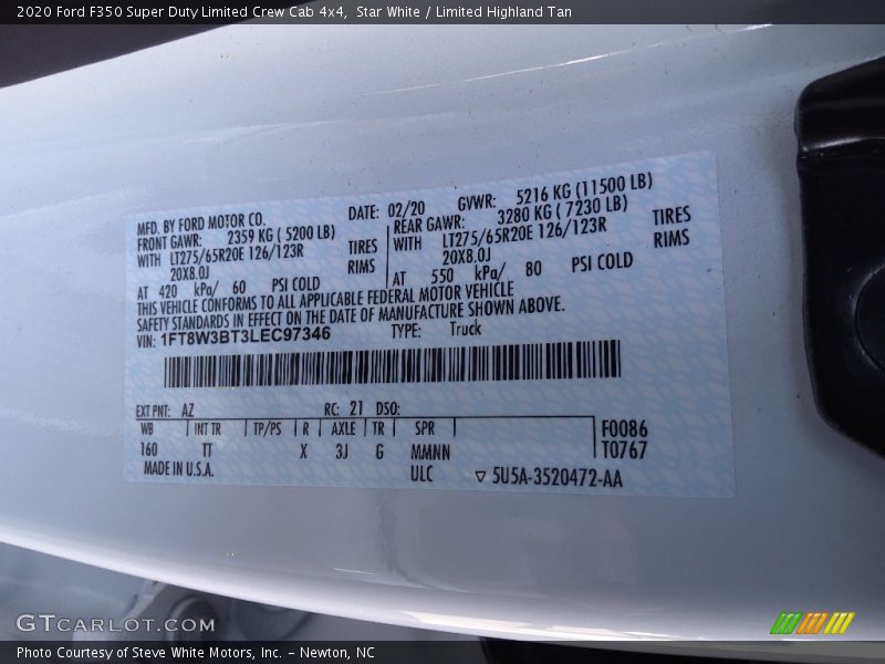 2020 F350 Super Duty Limited Crew Cab 4x4 Star White Color Code AZ