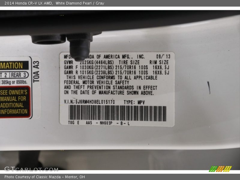 White Diamond Pearl / Gray 2014 Honda CR-V LX AWD