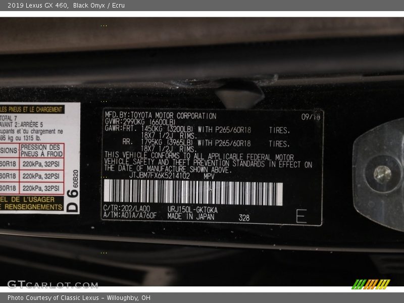 2019 GX 460 Black Onyx Color Code 202