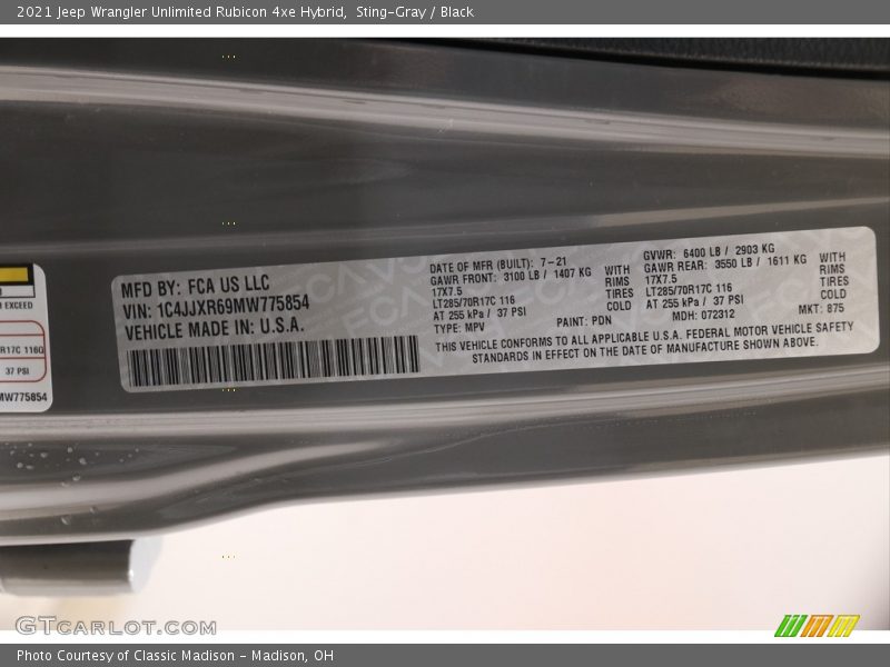 2021 Wrangler Unlimited Rubicon 4xe Hybrid Sting-Gray Color Code PDN