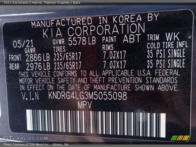 2021 Sorento S Hybrid Platinum Graphite Color Code ABT