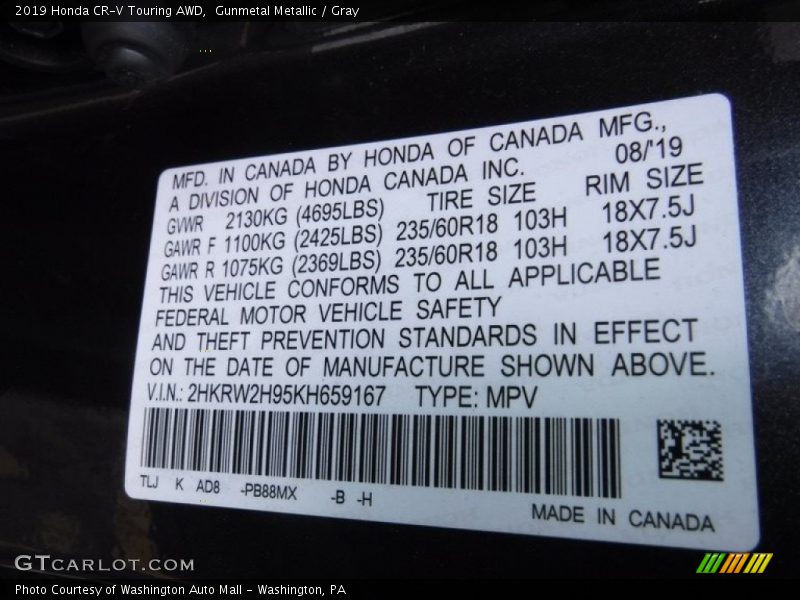 Gunmetal Metallic / Gray 2019 Honda CR-V Touring AWD