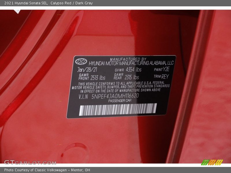 2021 Sonata SEL Calypso Red Color Code Y2E