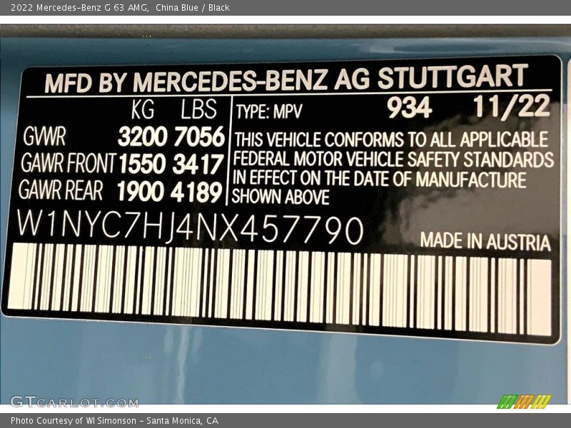 2022 G 63 AMG China Blue Color Code 934