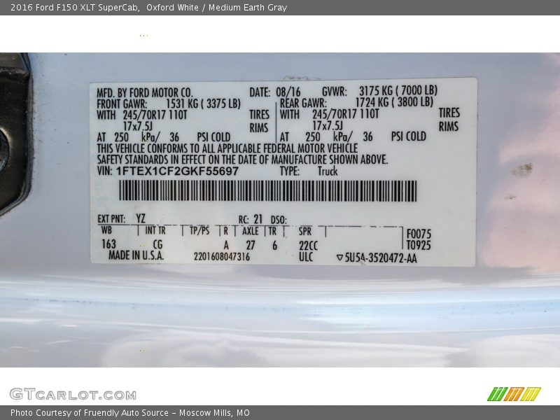 Oxford White / Medium Earth Gray 2016 Ford F150 XLT SuperCab