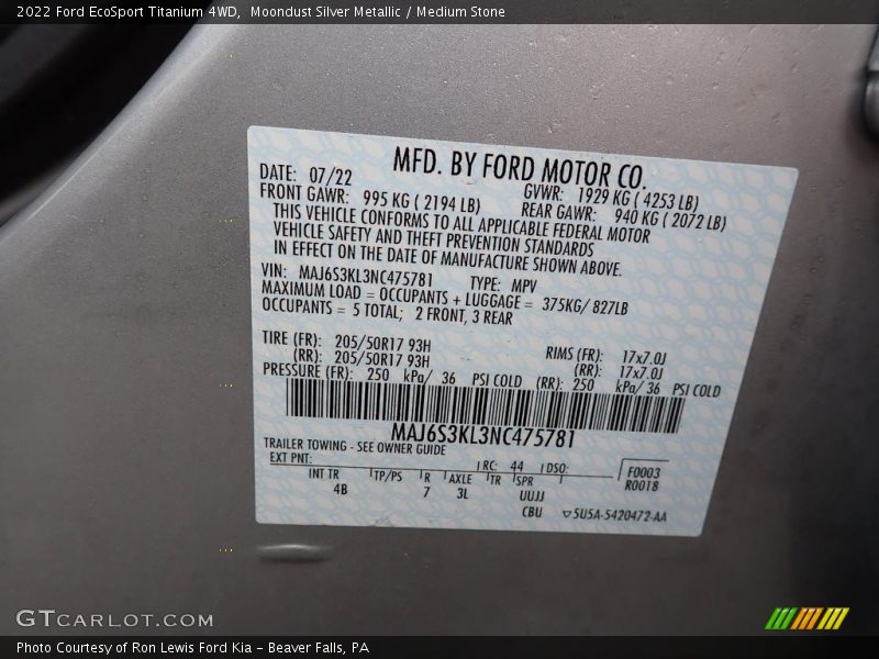 Moondust Silver Metallic / Medium Stone 2022 Ford EcoSport Titanium 4WD