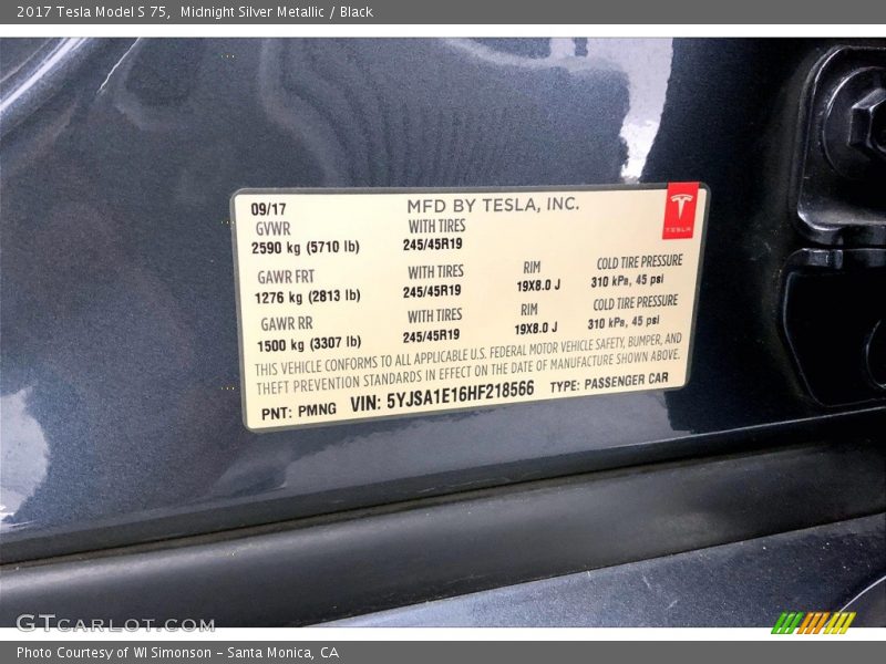 Midnight Silver Metallic / Black 2017 Tesla Model S 75