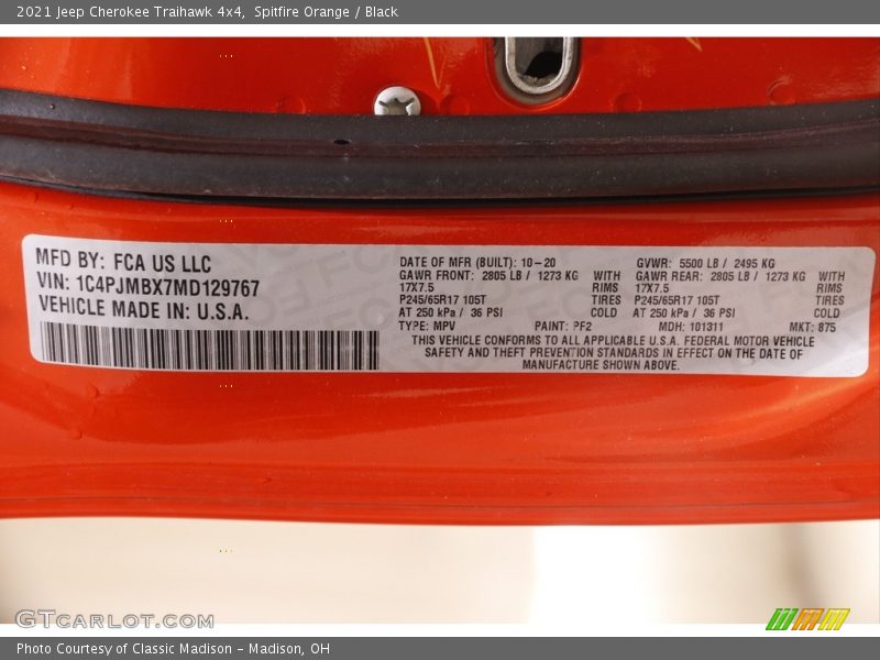 2021 Cherokee Traihawk 4x4 Spitfire Orange Color Code PF2