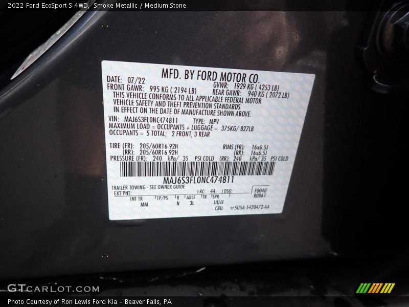 Smoke Metallic / Medium Stone 2022 Ford EcoSport S 4WD