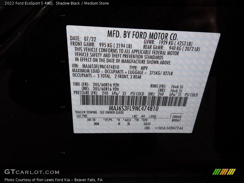 Shadow Black / Medium Stone 2022 Ford EcoSport S 4WD