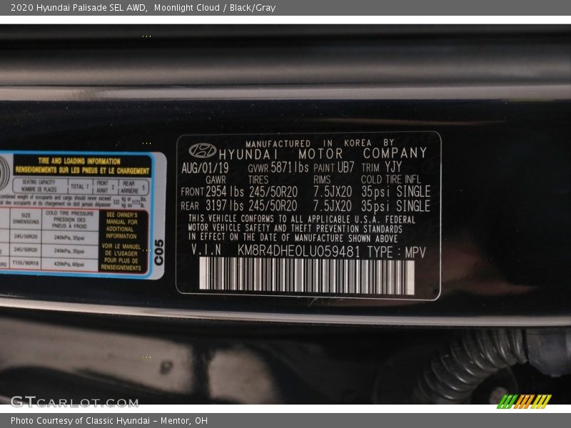 Moonlight Cloud / Black/Gray 2020 Hyundai Palisade SEL AWD