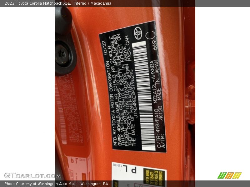 2023 Corolla Hatchback XSE Inferno Color Code 4Y8