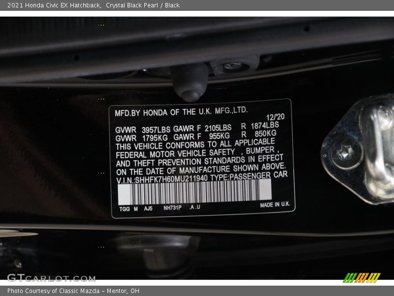 2021 Civic EX Hatchback Crystal Black Pearl Color Code NH731P