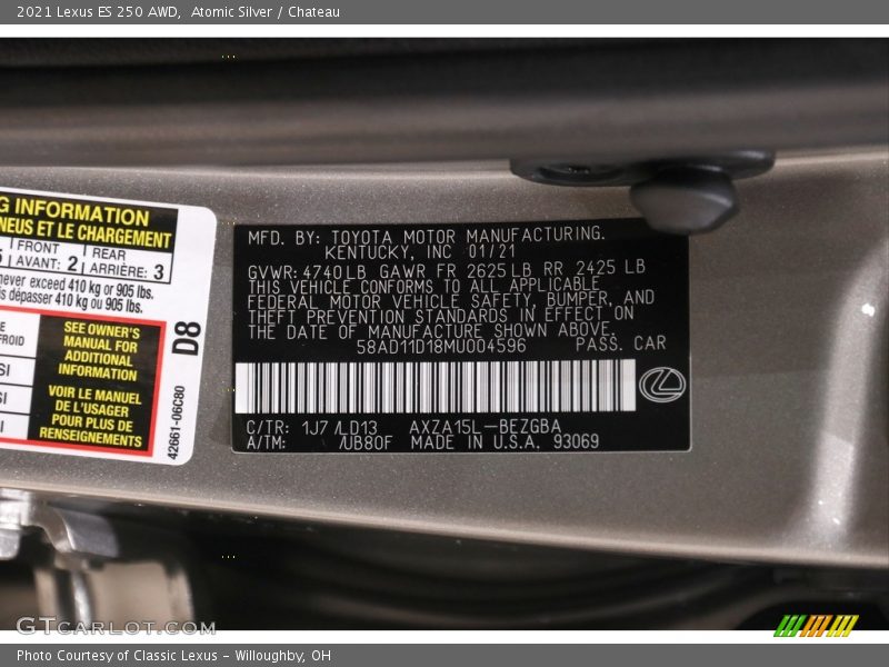 2021 ES 250 AWD Atomic Silver Color Code 1J7