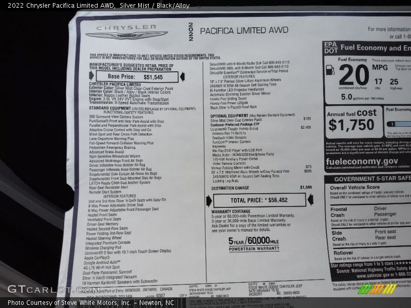  2022 Pacifica Limited AWD Window Sticker