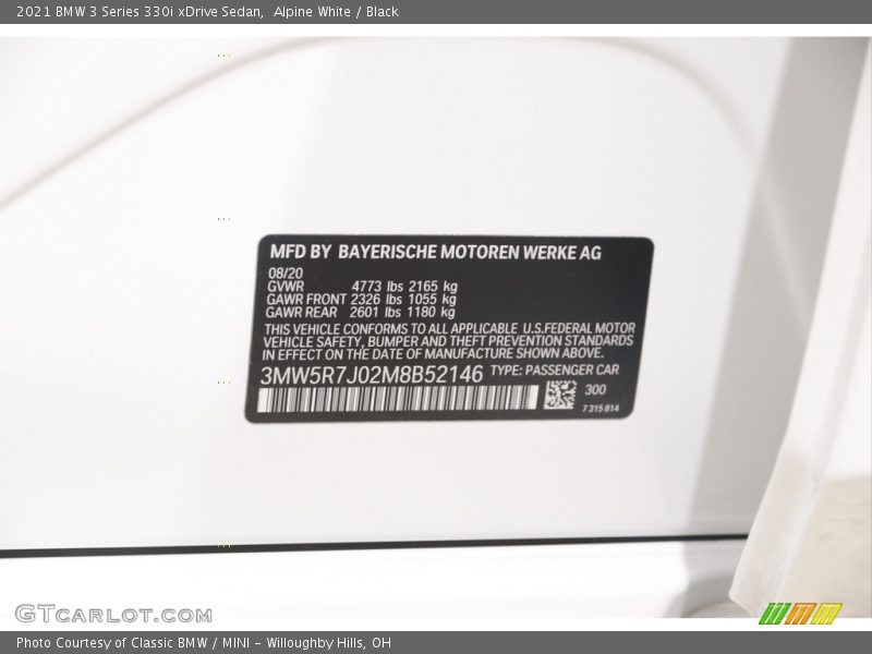 2021 3 Series 330i xDrive Sedan Alpine White Color Code 300