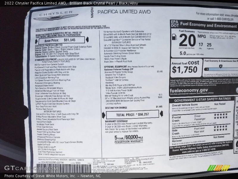 Brilliant Black Crystal Pearl / Black/Alloy 2022 Chrysler Pacifica Limited AWD