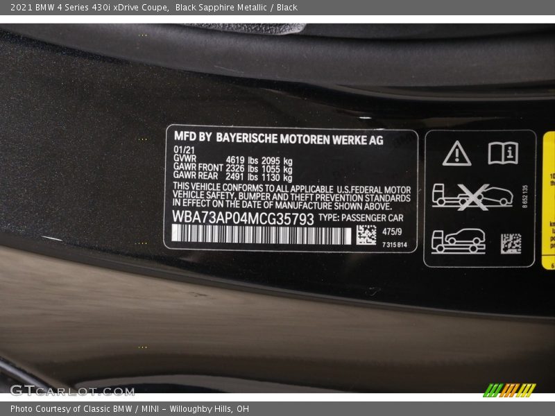 2021 4 Series 430i xDrive Coupe Black Sapphire Metallic Color Code 475