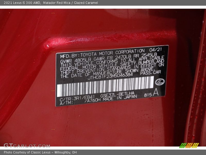 2021 IS 300 AWD Matador Red Mica Color Code 3R1