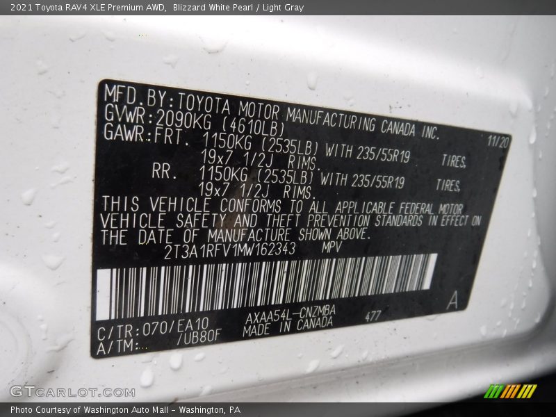 2021 RAV4 XLE Premium AWD Blizzard White Pearl Color Code 070
