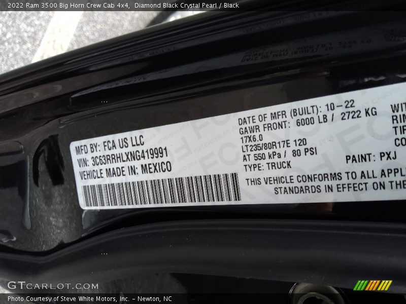 2022 3500 Big Horn Crew Cab 4x4 Diamond Black Crystal Pearl Color Code PXJ