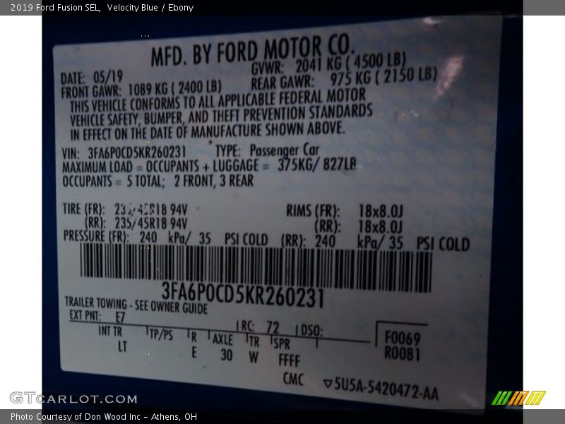 Velocity Blue / Ebony 2019 Ford Fusion SEL
