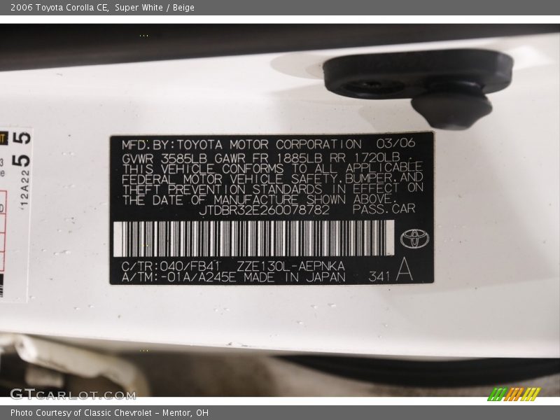 Super White / Beige 2006 Toyota Corolla CE