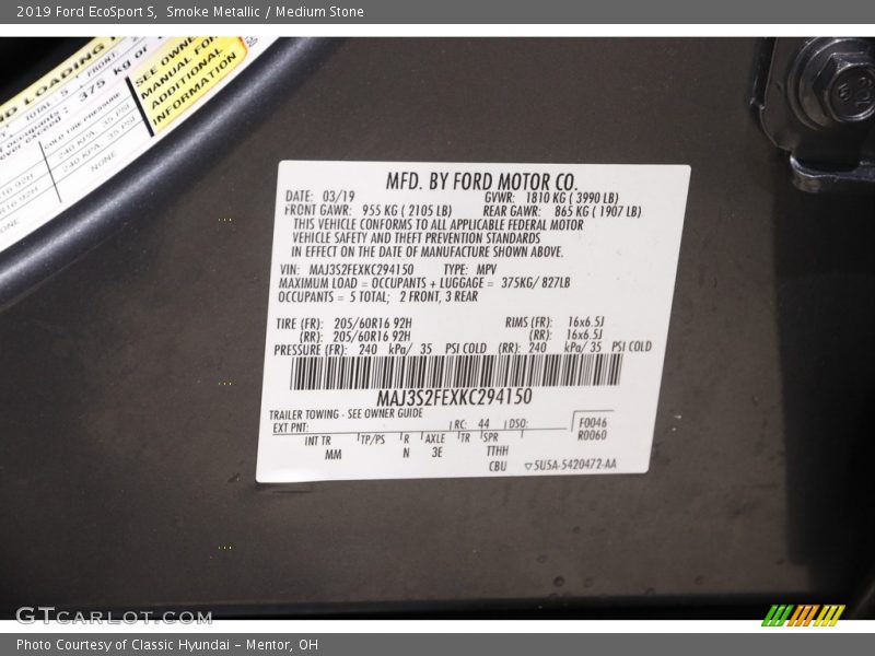 Smoke Metallic / Medium Stone 2019 Ford EcoSport S