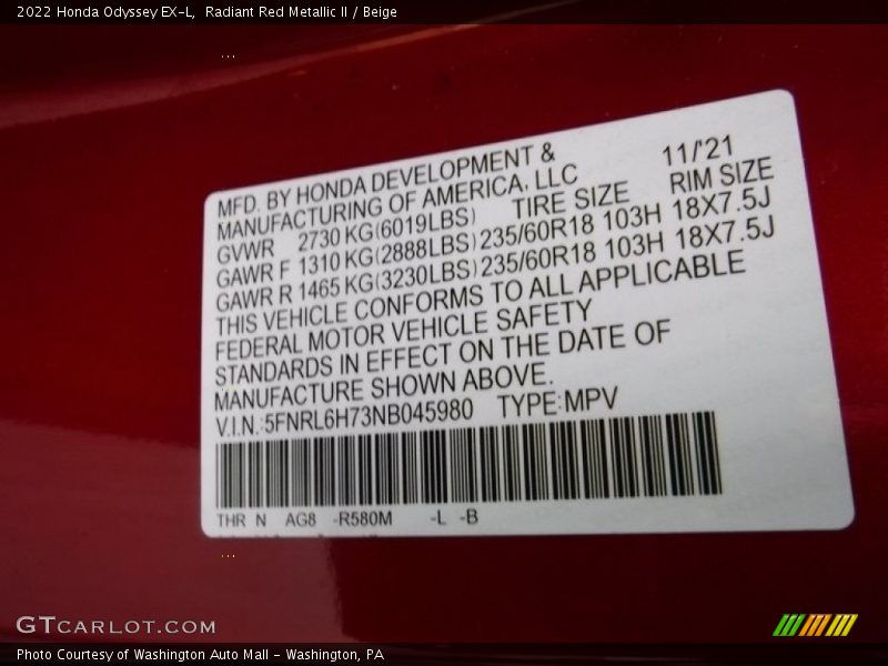 2022 Odyssey EX-L Radiant Red Metallic II Color Code R580M