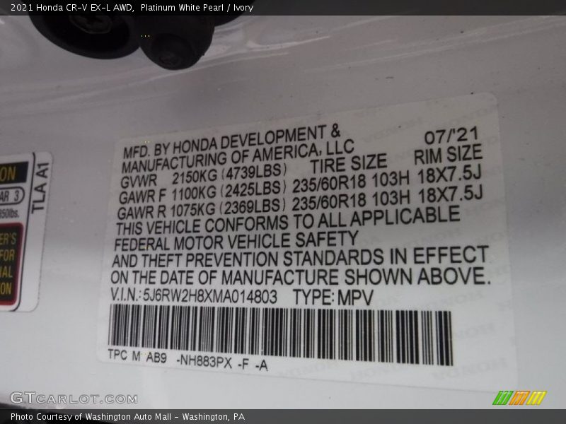 2021 CR-V EX-L AWD Platinum White Pearl Color Code NH883PX