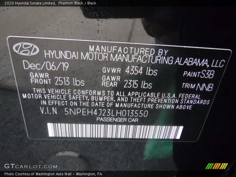 Phantom Black / Black 2020 Hyundai Sonata Limited