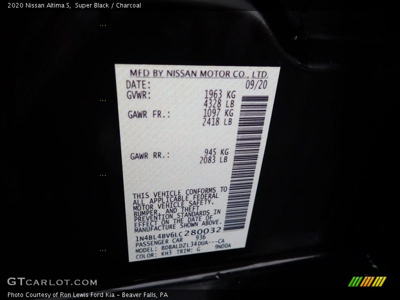 2020 Altima S Super Black Color Code KH3