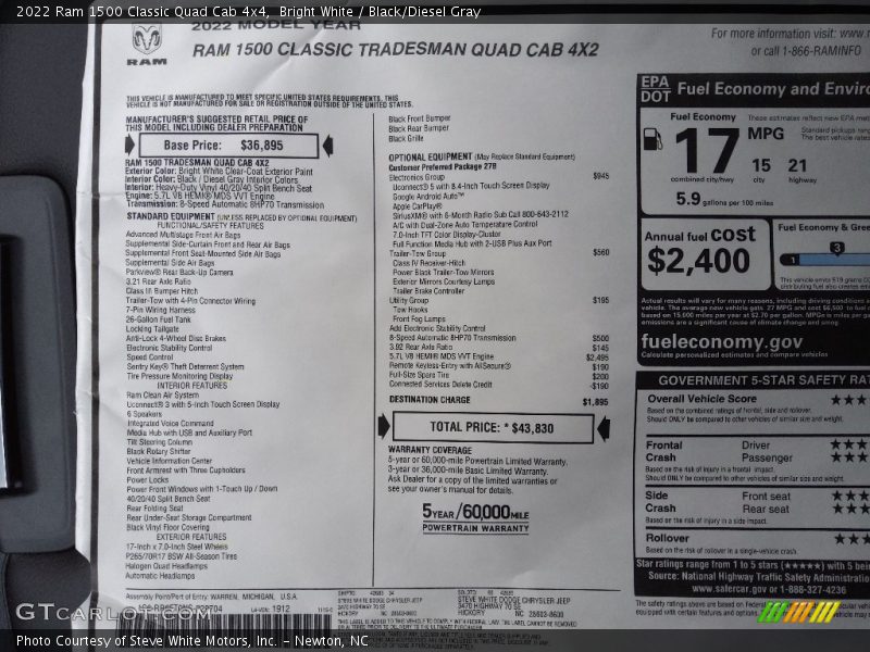  2022 1500 Classic Quad Cab 4x4 Window Sticker