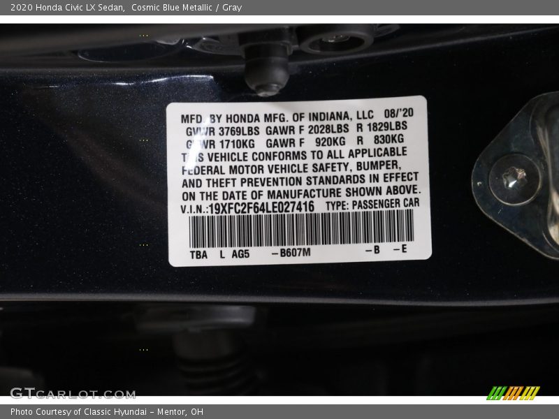 Cosmic Blue Metallic / Gray 2020 Honda Civic LX Sedan