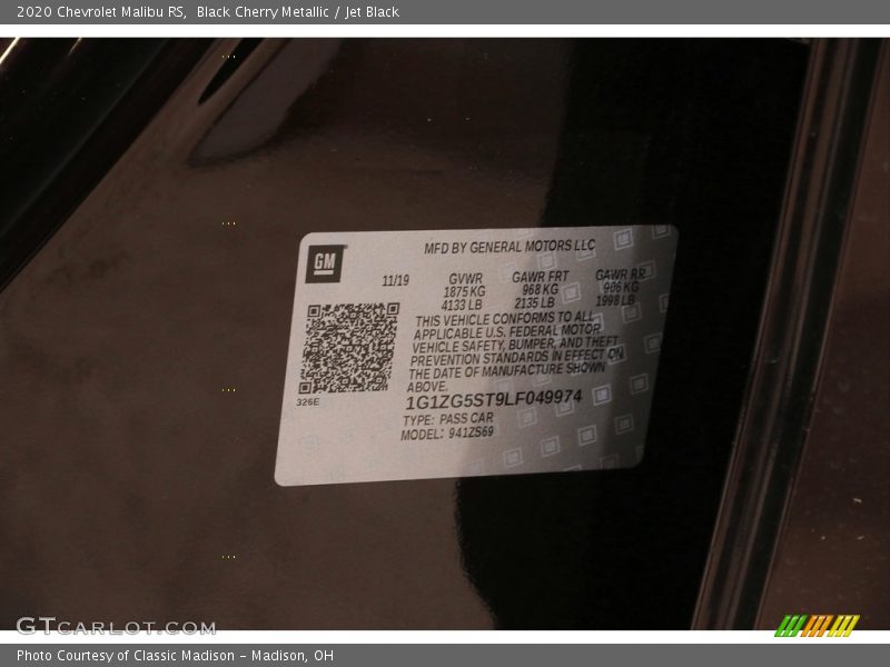 Black Cherry Metallic / Jet Black 2020 Chevrolet Malibu RS