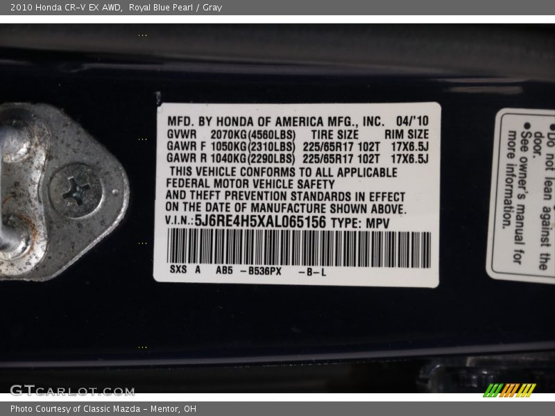 Royal Blue Pearl / Gray 2010 Honda CR-V EX AWD