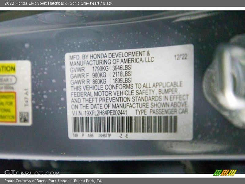 2023 Civic Sport Hatchback Sonic Gray Pearl Color Code NH877P
