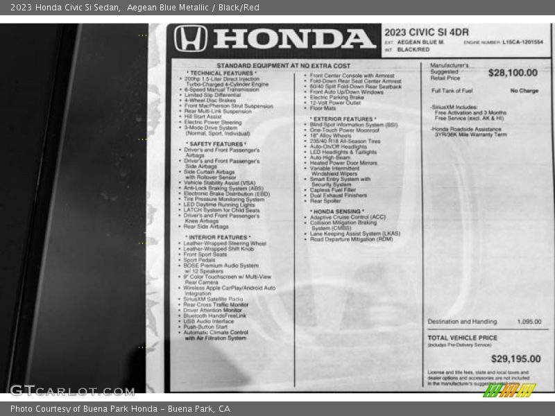  2023 Civic Si Sedan Window Sticker