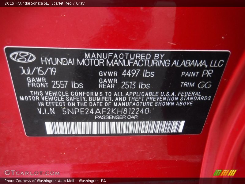 Scarlet Red / Gray 2019 Hyundai Sonata SE