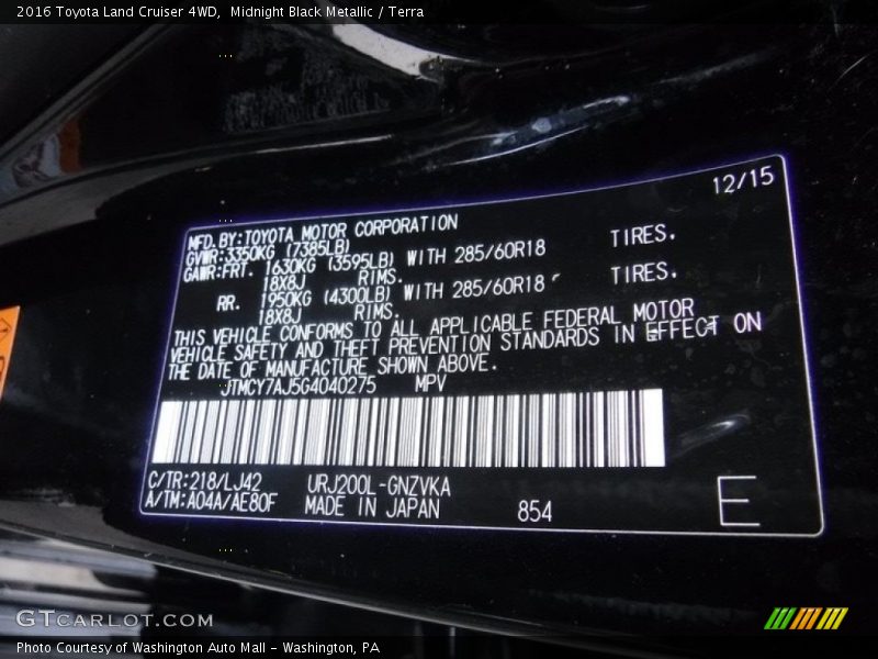 2016 Land Cruiser 4WD Midnight Black Metallic Color Code 218