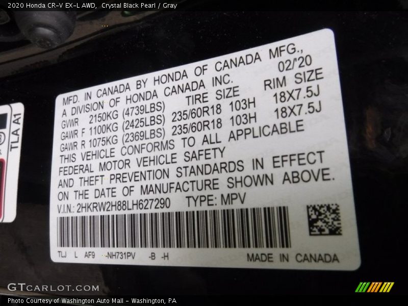 Crystal Black Pearl / Gray 2020 Honda CR-V EX-L AWD