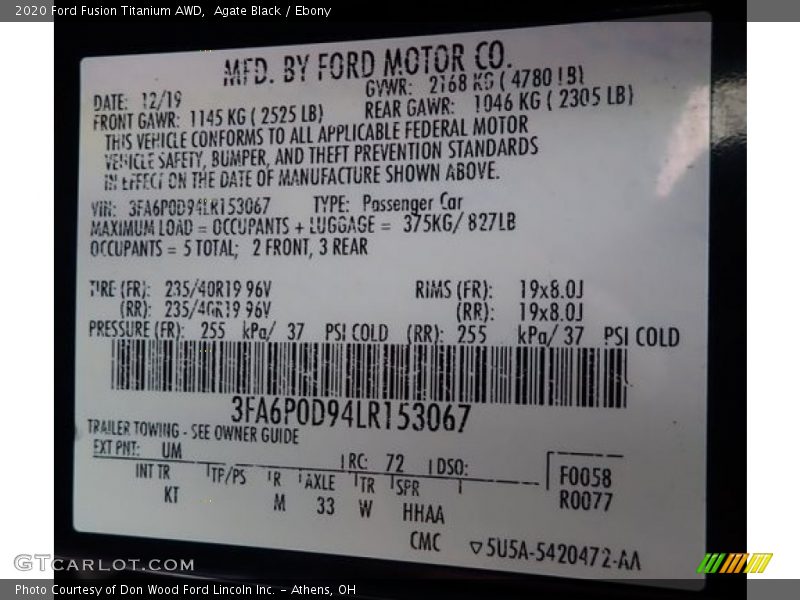 2020 Fusion Titanium AWD Agate Black Color Code UM