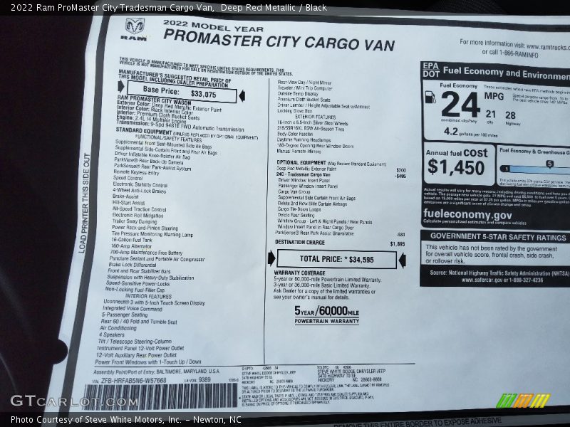  2022 ProMaster City Tradesman Cargo Van Window Sticker