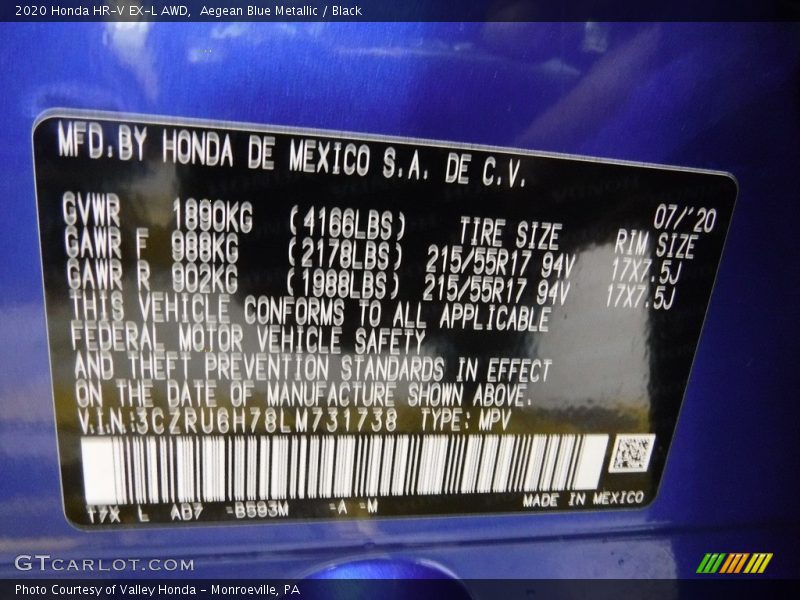 Aegean Blue Metallic / Black 2020 Honda HR-V EX-L AWD