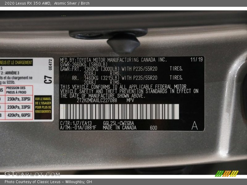 2020 RX 350 AWD Atomic Silver Color Code 1J7